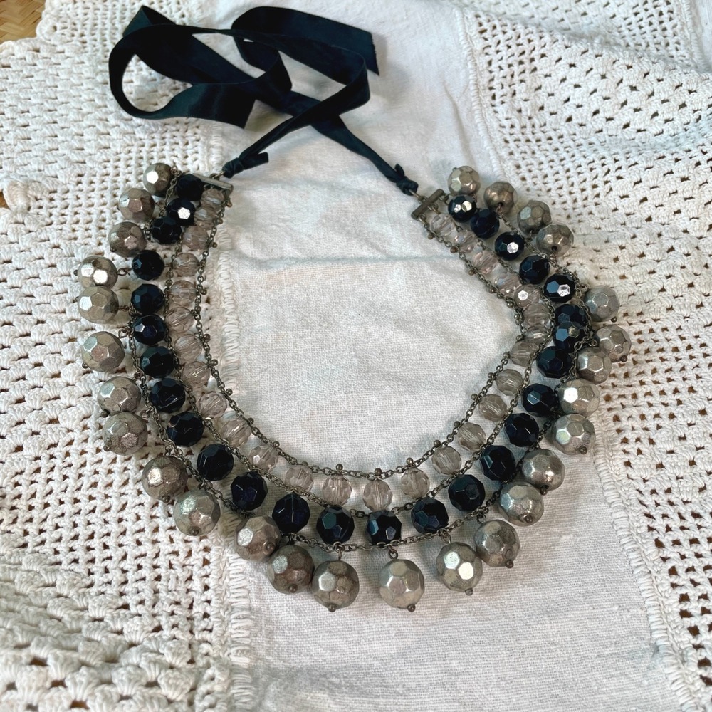 Statement Multi Strand Beaded Bib Necklace Silver Black‎ Grey Ribbon Tie Boho